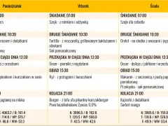 Jadłospis na masę mięśniową: poniedziałek, wtorek, środa. Zawiera śniadania, drugie śniadania, przekąski, obiady i kolacje.