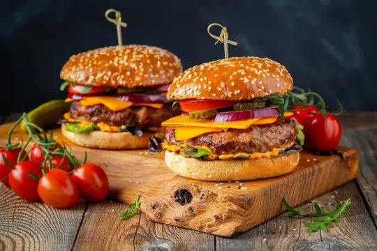Dwa soczyste burgery z serem, pomidorami i ogórkiem na desce. Idealne, by pokazać, jak przyprawić mięso na hamburgery.