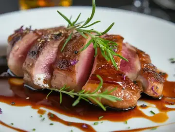 Soczysty filet z kaczki, idealnie wysmażony, polany aromatycznym sosem i ozdobiony gałązkami rozmarynu.