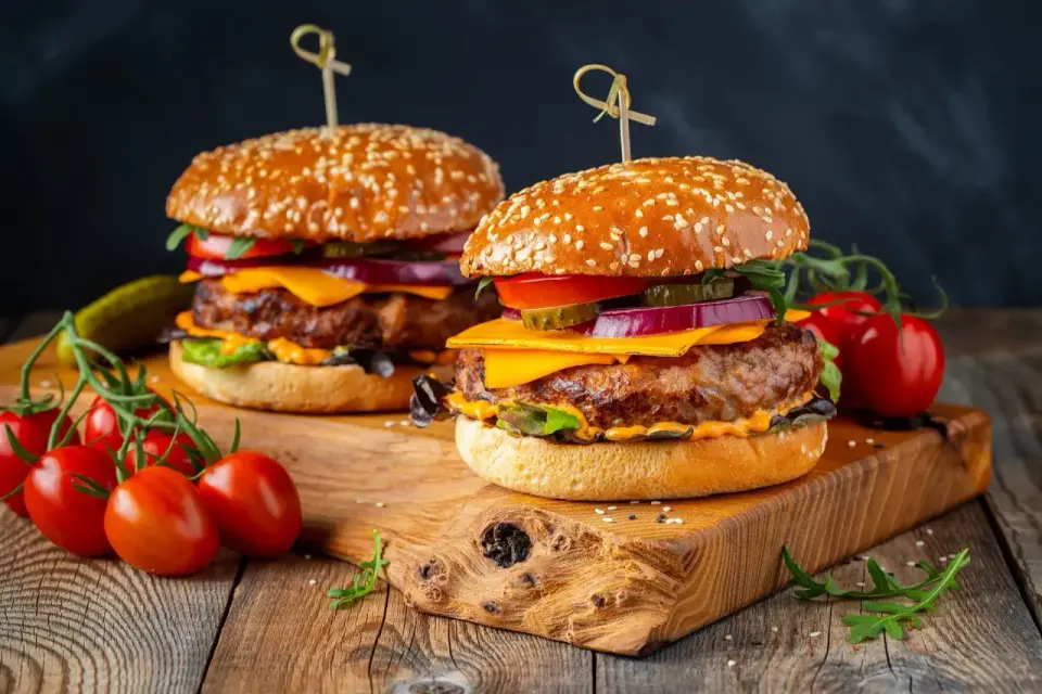 Dwa soczyste burgery z serem, pomidorami i ogórkiem na desce. Idealne, by pokazać, jak przyprawić mięso na hamburgery.